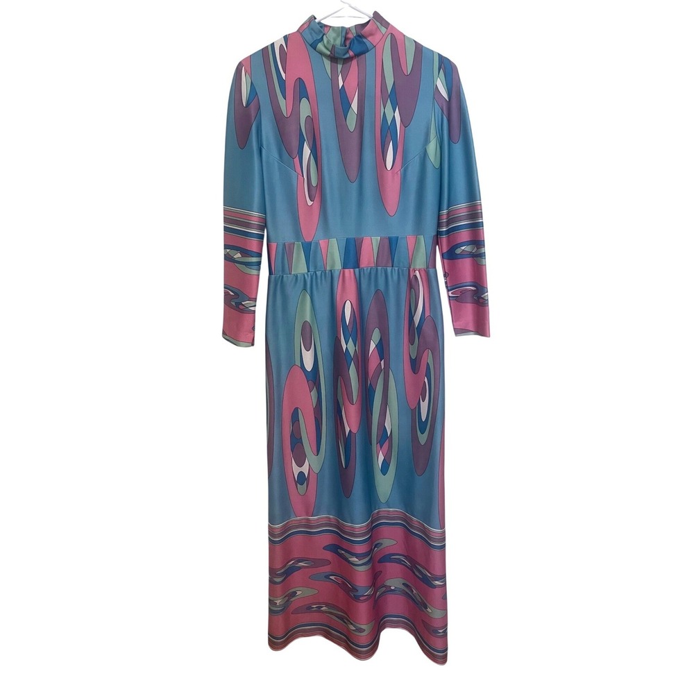Vintage Maxi Dress 60s 70s Psychedelic Mod Mock Neck Pink Blue Small